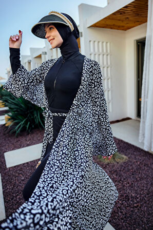 Remsa Tesettür Mayo Üzerine Tek Kaftan Kimono Pareo Beyaz RP036 Leopar | 2