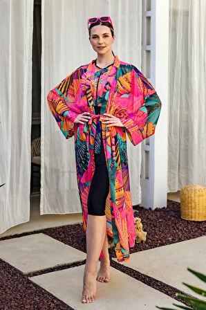 Remsa Tesettür Mayo Üzerine Tek Kaftan Kimono Pareo Pembe02 RP023 Color Shell | 2