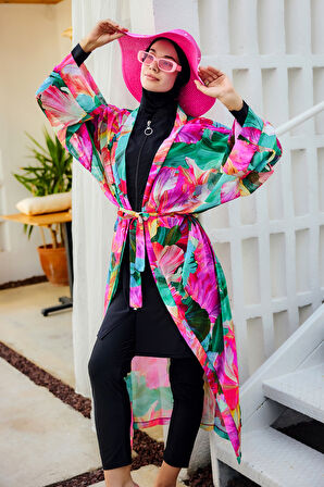 Remsa Tesettür Mayo Üzerine Tek Kaftan Kimono Pareo Pembe01 RP033 Ayşe | 2