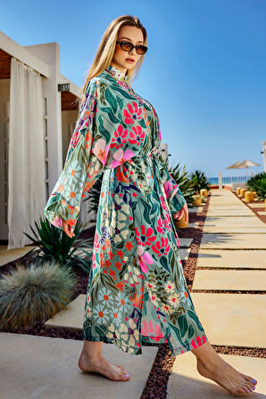 Remsa Tesettür Mayo Üzerine Tek Kaftan Kimono Pareo Yeşil RP026 Patara | 1