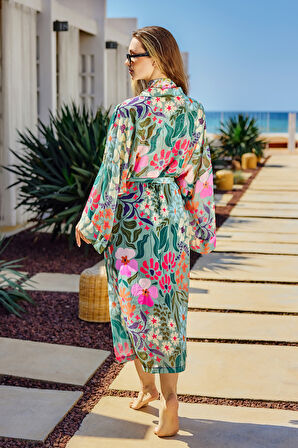 Remsa Tesettür Mayo Üzerine Tek Kaftan Kimono Pareo Yeşil RP026 Patara | 2