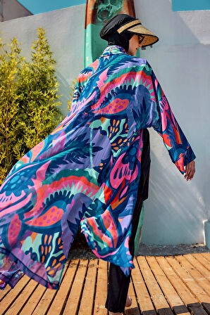 Remsa Tesettür Mayo Üzerine Tek Kaftan Kimono Pareo Mor RP028 Morika | 2