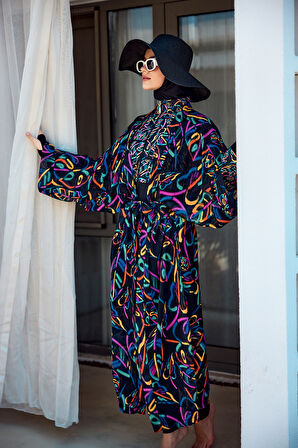 Remsa Tesettür Mayo Üzerine Tek Kaftan Kimono Pareo Siyah04 RP035 Yağmur | 2