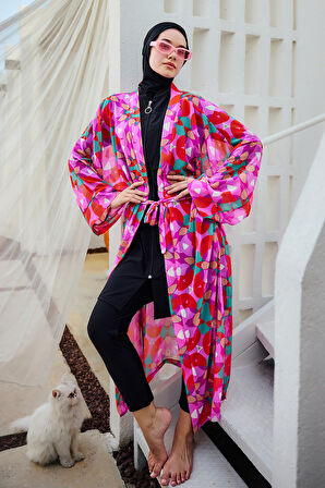Remsa Tesettür Mayo Üzerine Tek Kaftan Kimono Pareo Pembe03 RP024 Renkpare | 1