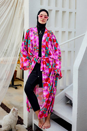Remsa Tesettür Mayo Üzerine Tek Kaftan Kimono Pareo Pembe03 RP024 Renkpare | 2