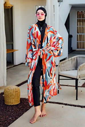 Remsa Tesettür Mayo Üzerine Tek Kaftan Kimono Pareo Turuncu RP027 Lotus | 1