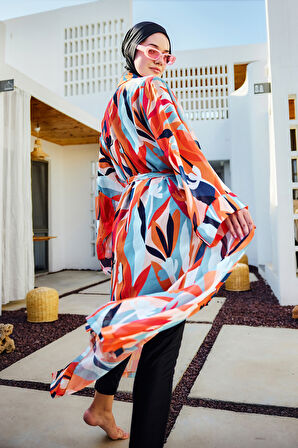 Remsa Tesettür Mayo Üzerine Tek Kaftan Kimono Pareo Turuncu RP027 Lotus | 1