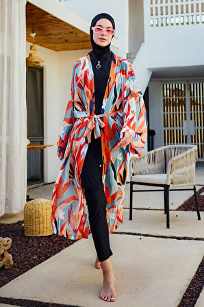 Remsa Tesettür Mayo Üzerine Tek Kaftan Kimono Pareo Turuncu RP027 Lotus | 1