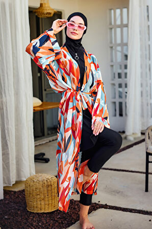 Remsa Tesettür Mayo Üzerine Tek Kaftan Kimono Pareo Turuncu RP027 Lotus | 2