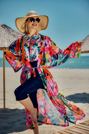 Remsa Tesettür Mayo Üzerine Tek Kaftan Kimono Pareo Lacivert02 RP030 Flowers | 1
