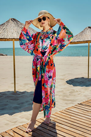 Remsa Tesettür Mayo Üzerine Tek Kaftan Kimono Pareo Lacivert02 RP030 Flowers | 1