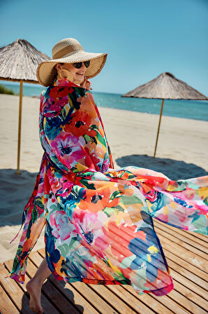 Remsa Tesettür Mayo Üzerine Tek Kaftan Kimono Pareo Lacivert02 RP030 Flowers | 1