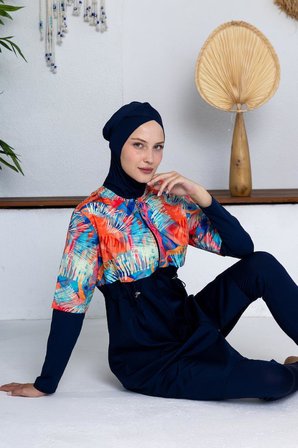 Maresiva 262402 Shell Paraşüt Kumaş Lycra Uzun Kollu Lacivert Tam Boy Tesettür Mayo