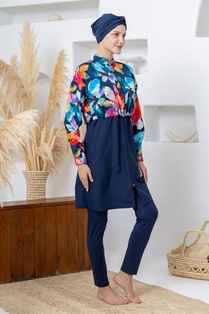 Maresiva 262407 Monroe Paraşüt Kumaş Lycra Uzun Kollu Lacivert Tam Boy Tesettür Mayo