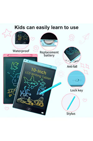 LCD Yazma Tableti Dijital Kalemli Çizim Yazı Tahtası Renkli Ekran 10 Inch (25,4 cm) -  PEMBE