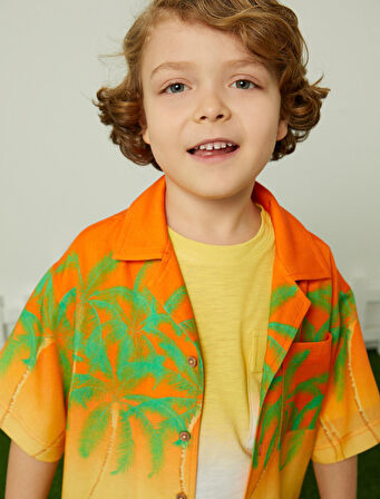 Gömlek Kısa Kollu Manzara Baskılı Viskon