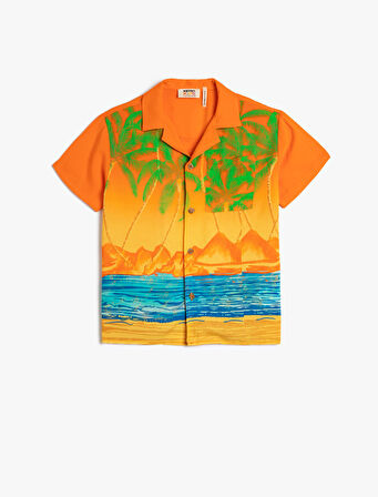 Gömlek Kısa Kollu Manzara Baskılı Viskon