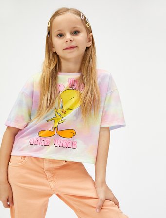 Tweety Tişört Lisanslı Oversize Kısa Kollu Bisiklet Yaka Batik Desenli