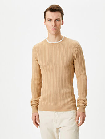 Slim Fit Kazak Triko Dokulu Yaka Detaylı Uzun Kollu