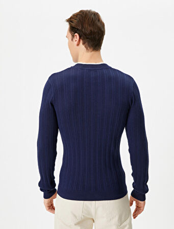 Slim Fit Kazak Triko Dokulu Yaka Detaylı Uzun Kollu