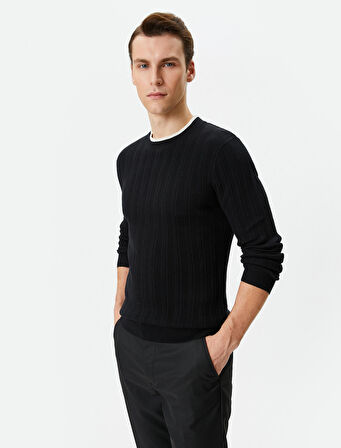 Slim Fit Kazak Triko Dokulu Yaka Detaylı Uzun Kollu