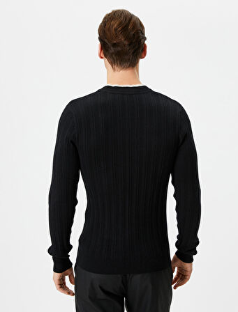 Slim Fit Kazak Triko Dokulu Yaka Detaylı Uzun Kollu