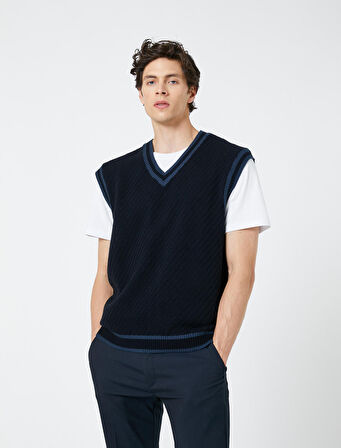 V Yaka Örgü Süveter Kolsuz Dokulu