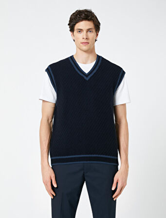 V Yaka Örgü Süveter Kolsuz Dokulu