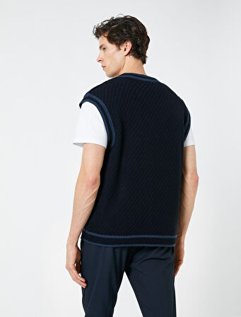 V Yaka Örgü Süveter Kolsuz Dokulu