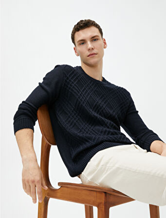 Triko Kazak Baklava Desenli Uzun Kollu Bisiklet Yaka 