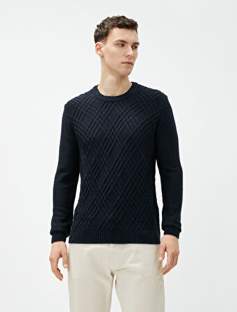 Triko Kazak Baklava Desenli Uzun Kollu Bisiklet Yaka 