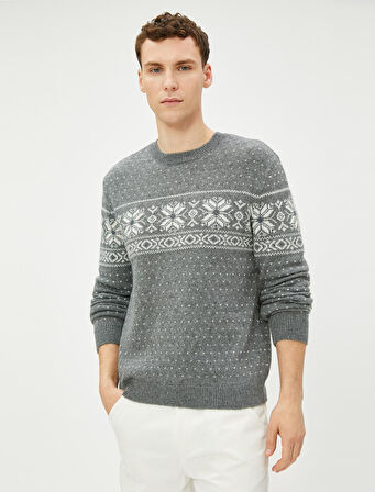 Bisiklet Yaka Kazak Etnik Desenli Yün Karışımlı