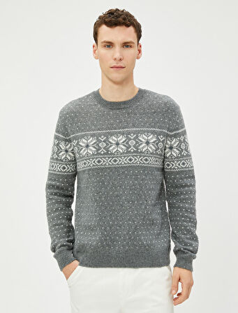 Bisiklet Yaka Kazak Etnik Desenli Yün Karışımlı