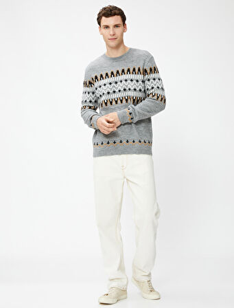 Etnik Desenli Triko Kazak Bisiklet Yaka Uzun Kollu