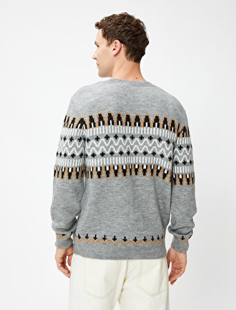 Etnik Desenli Triko Kazak Bisiklet Yaka Uzun Kollu