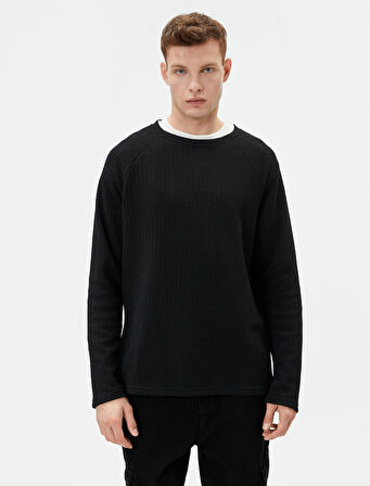 Slim Fit Kazak Bisiklet Yaka Dokulu Uzun Kollu