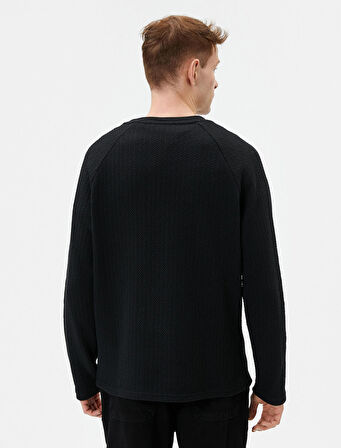 Slim Fit Kazak Bisiklet Yaka Dokulu Uzun Kollu