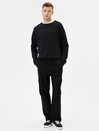 Slim Fit Kazak Bisiklet Yaka Dokulu Uzun Kollu