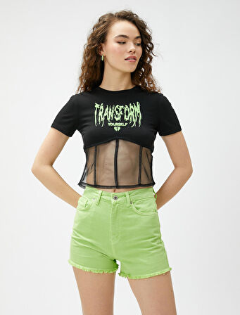 Baskılı Tişört Beli Tül Korseli Bisiklet Yaka Kısa Kollu