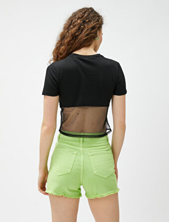 Baskılı Tişört Beli Tül Korseli Bisiklet Yaka Kısa Kollu