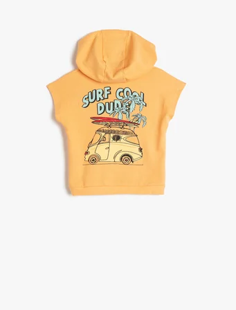 Kapşonlu Sweatshirt Havlu Kumaş Kısa Kollu Arkası Baskılı Pamuklu