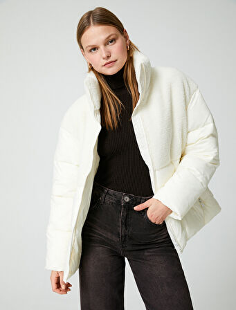 Şişme Mont Dik Yaka Peluş Detaylı Fermuarlı Cepli