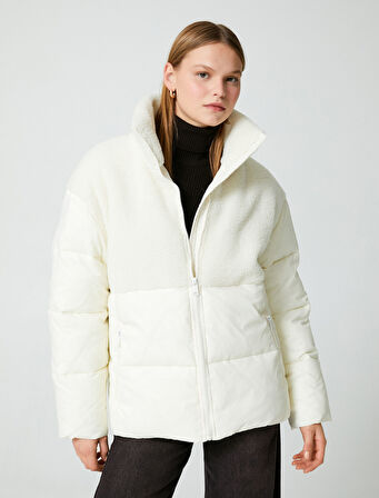 Şişme Mont Dik Yaka Peluş Detaylı Fermuarlı Cepli