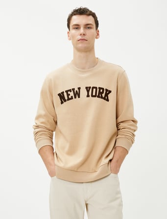 Kolej Sweatshirt Şehir Baskılı Bisiklet Yaka Uzun Kollu Şardonlu