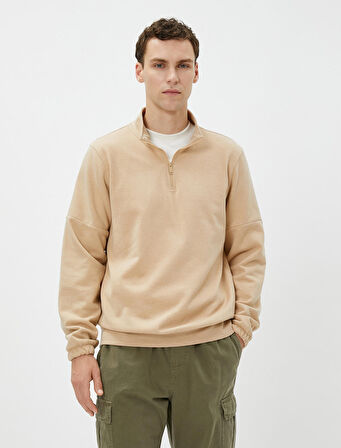 Basic Sweat Yarım Fermuarlı Dik Yaka Uzun Kollu Şardonlu