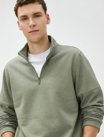 Basic Sweat Yarım Fermuarlı Dik Yaka Uzun Kollu Şardonlu