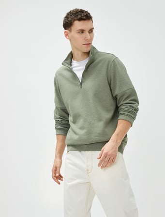 Basic Sweat Yarım Fermuarlı Dik Yaka Uzun Kollu Şardonlu