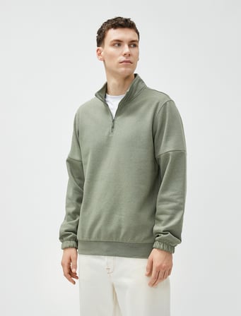 Basic Sweat Yarım Fermuarlı Dik Yaka Uzun Kollu Şardonlu