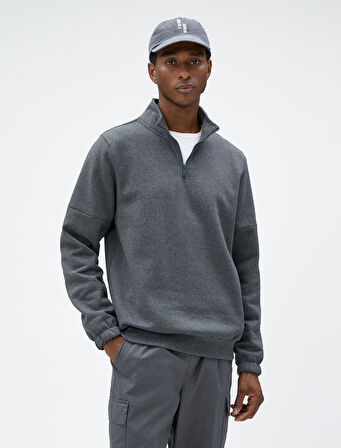 Basic Sweat Yarım Fermuarlı Dik Yaka Uzun Kollu Şardonlu