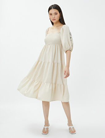 Bohem Midi Elbise Gipeli Nakışlı Kare Yaka